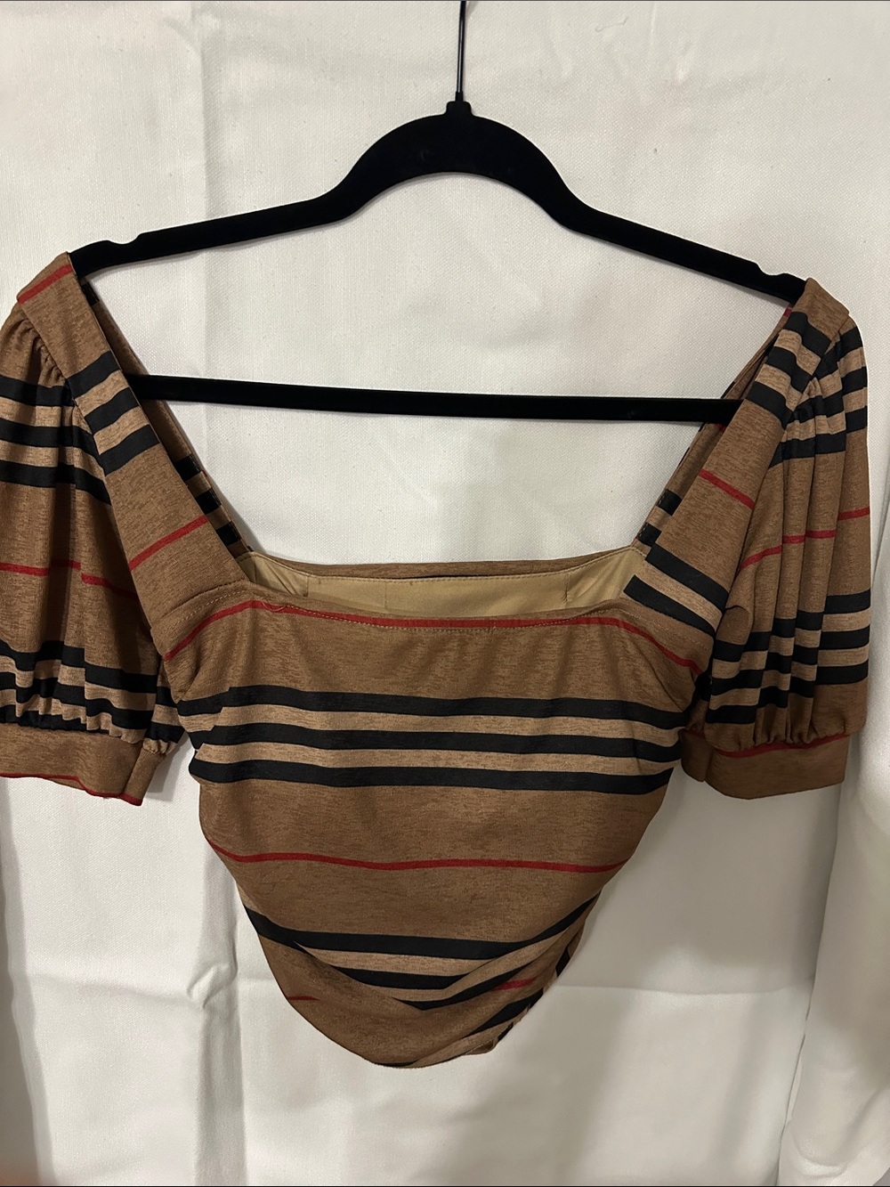 Incredibly cute off the shoulder Women’s Brown Striped Puff Sleeve Top
